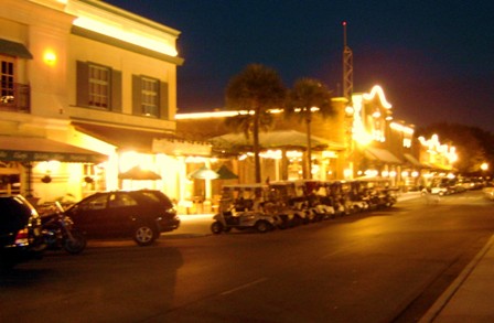 Downtown The Villages at Night.  See all of the golf carts?